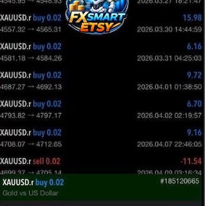 May include: A mobile phone screen displays financial trading data. The app shows currency pair information, transaction details, and a logo with a robot and the text "FXSmart Etsy".