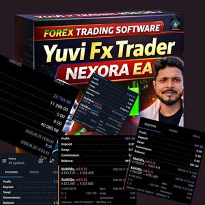 May include: A box for Yuvi Fx Trader Nexora EA forex trading software featuring a person's portrait, overlaid with multiple digital screenshots of trading history, profit, deposit, swap, commission, and balance data for XAUUSD currency pairs.