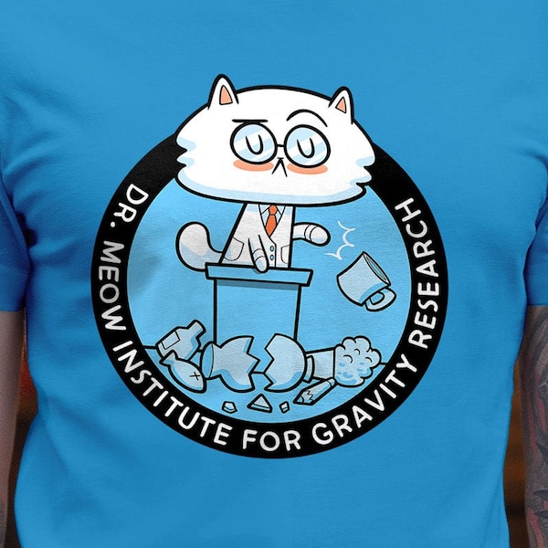 Gravity Research - cute science shirt, cute cat shirt, cat scientist, cat throwing stuff off table, T-shirt, plus size, unisex, slimfit