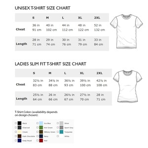 May include: Unisex and women's t-shirt size chart with measurements in inches and centimeters. The chart shows sizes from S to 2XL. T-shirt colors include black, charcoal, cream, dark chocolate, deep royal, ice blue, kiwi green, military green, navy, red, silver, sport grey, turquoise, and white.