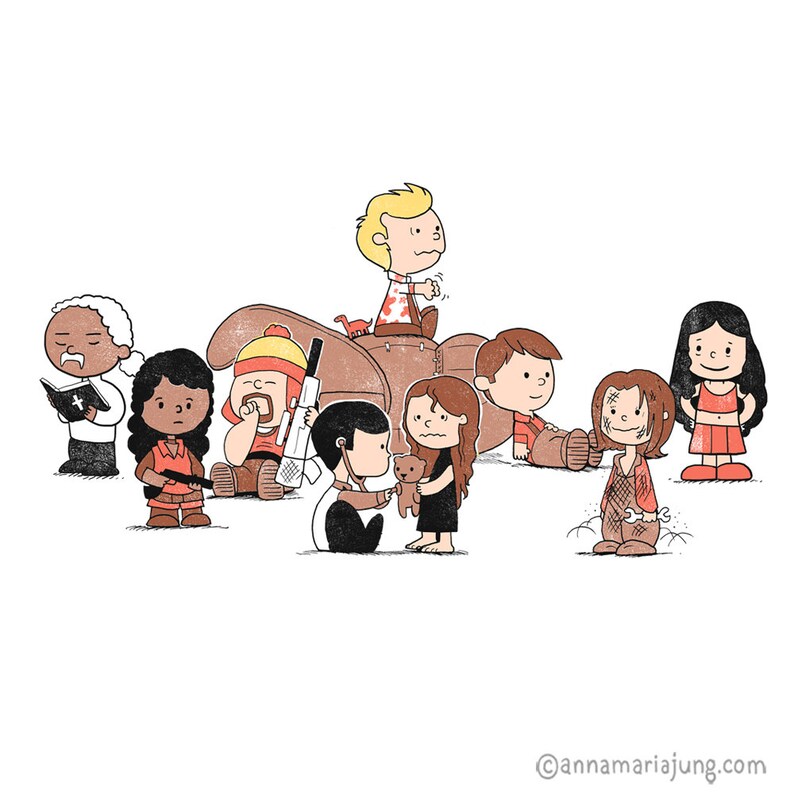 以下が含まれることがあります： ピーナッツのコミックのキャラクターが、ウォーキング・デッドのテレビシリーズのキャラクターに扮した、漫画のイラスト。キャラクターには、チャーリー・ブラウン、ルーシー、ライナス、スヌーピー、サリーなどがいる。
