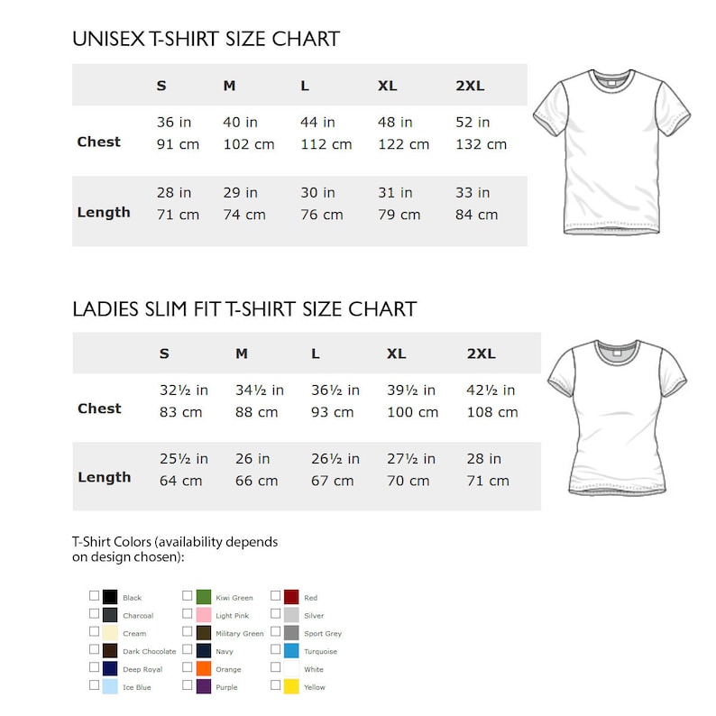 以下が含まれることがあります： ユニセックスとレディースの細身のTシャツのサイズ表で、インチとセンチメートルで測定されています。表はSから2XLのサイズを示しています。Tシャツの色は、黒、チャコール、クリーム、ダークチョコレート、ディープロイヤル、アイスブルー、キウイグリーン、ライトピンク、ミリタリーグリーン、ネイビー、オレンジ、パープル、レッド、シルバー、スポーツグレー、ターコイズ、ホワイト、イエローです。
