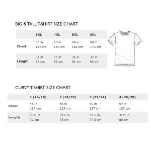 以下が含まれることがあります： 大きいサイズと背の高いTシャツ、そしてカーブTシャツのサイズチャート。チャートは、さまざまなサイズに対応する胸囲と着丈をインチとセンチメートルで示しています。