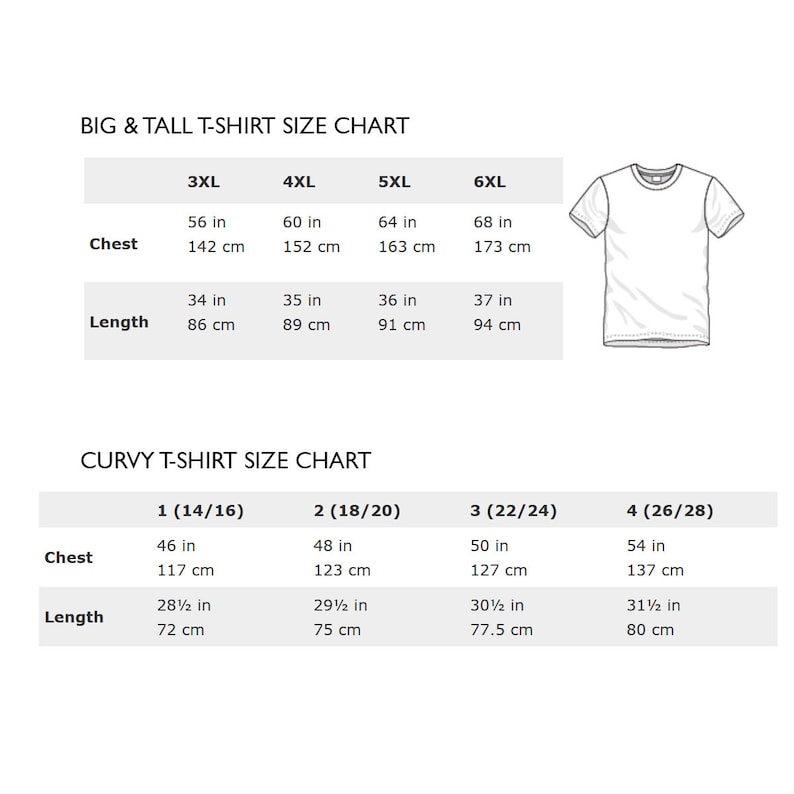 以下が含まれることがあります： 大きいサイズと背の高いTシャツ、そしてカーブTシャツのサイズチャート。チャートは、さまざまなサイズに対応する胸囲と着丈をインチとセンチメートルで示しています。