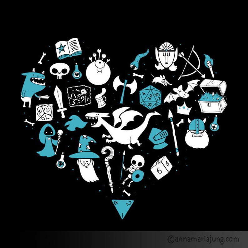 May include: A black and white illustration of a heart filled with various fantasy and role-playing game icons, including a dragon, dice, a wizard, a monster, and a treasure chest. The icons are outlined in blue.