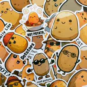 May include: A collection of die-cut vinyl stickers featuring various cartoon potatoes with expressive faces. Designs include a potato in a bowl labelled HOT POTATO, a potato wearing sunglasses labelled cool potato, and potatoes with hats.