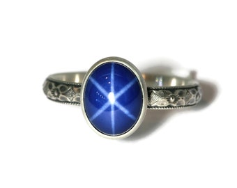 Large Oval Created Blue Star Sapphire Sterling Silver Ring Symmetrical Flower Band Plain Bezel Antique Finish