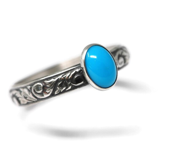 Arizona Turquoise Ring Vine Pattern Vintage Silver N-S - 7x5mm