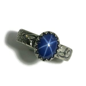 Blue Star Sapphire Ring Flower Pattern Crown Bezel Vintage Silver N-S - Oval Lab Created