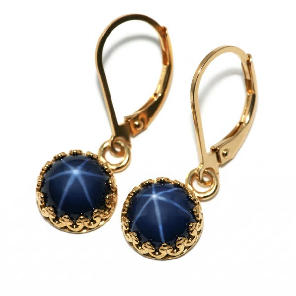 Blue Star Sapphire 14K Gold Plated Bronze Crown Drop Lever-back Earrings - 8mm Lab Created