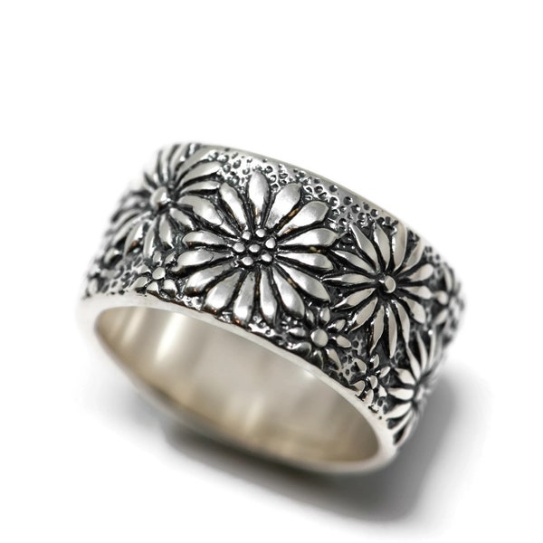 925 Sterling Silver Daisy Flower Band Vintage Silver Sizes 7-8