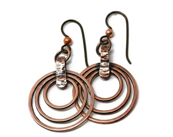 Copper Three Hoop Earrings - Hypoallergenic Niobium - Rustic Finish