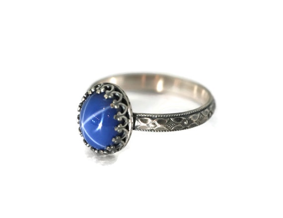 Large Oval Created Blue Star Sapphire Sterling Silver Ring Symmetrical Flower Band Plain Bezel Antique Finish