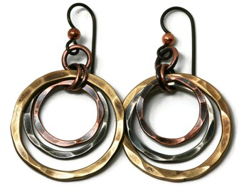 Rustic Mixed Metal Three Hoop Earrings - Hypoallergenic Niobium