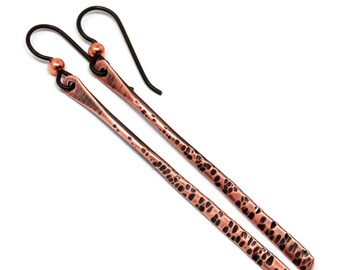 Antique Copper Hammered Stick Earrings - Hypoallergenic Niobium