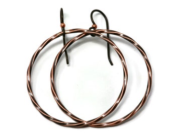 Copper Twisted Hoop Earrings - Hypoallergenic Niobium - 3 Diameters - Antique Finish