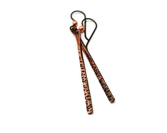 Antique Copper Hammered Stick Earrings - Hypoallergenic Niobium