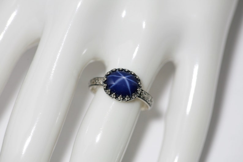 Large Oval Created Blue Star Sapphire Ring Symmetrical Flower - Etsy