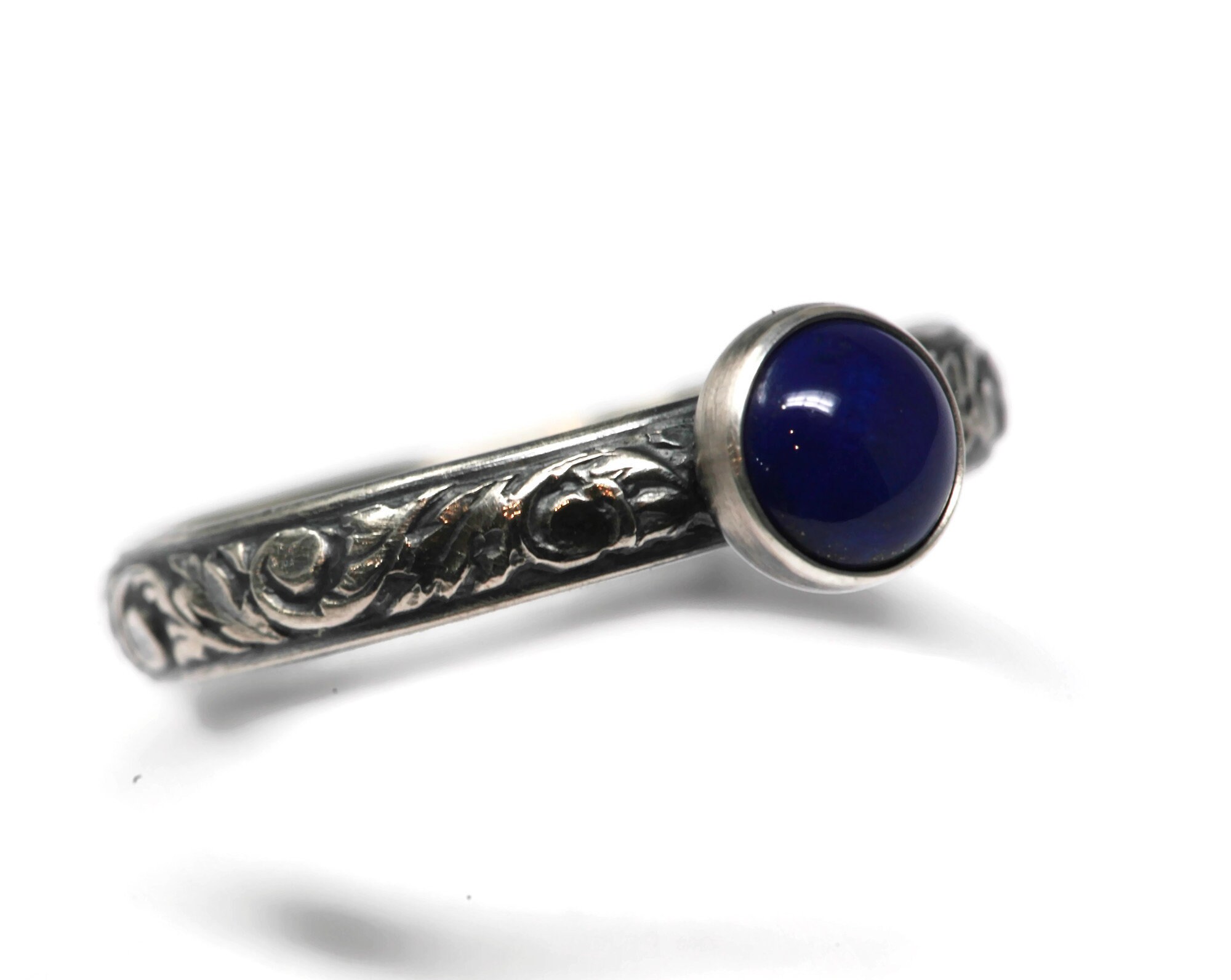 6mm Lapis-lazuli Ring Flower Pattern Vintage Silver 