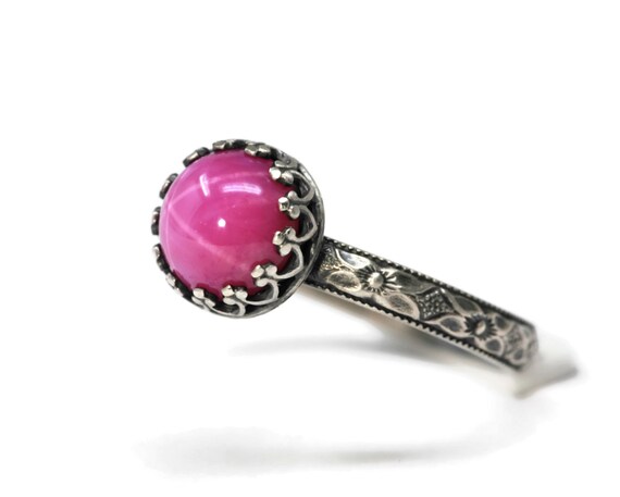 Oval Created Pink Star Ruby Ring on Symmetrical Flower Band Polished or Antique