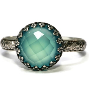 Aqua Chalcedony Ring: Vintage Sterling Silver Flower Crown, Rose or Smooth Cut