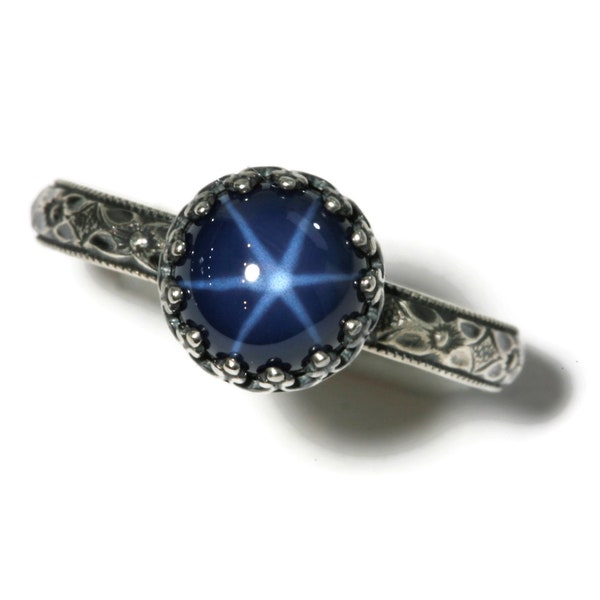 Blue Star Sapphire Ring Symmetrical Flower Crown - 8 or 10mm Lab Created