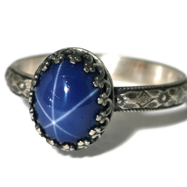 Blue Star Sapphire Ring Symmetrical Flower Crown Vintage Silver - 10x8mm Oval Lab Created