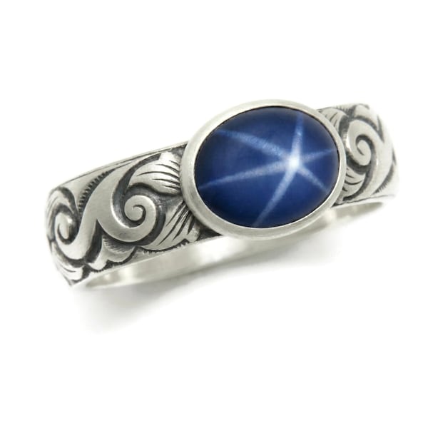Blue Star Sapphire Ring Flower Wave Pattern - Oval Lab Created