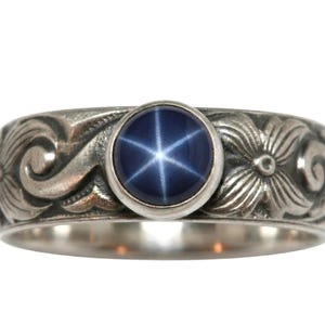 Blue Star Sapphire Ring Flower Wave Pattern - 6mm Lab Created