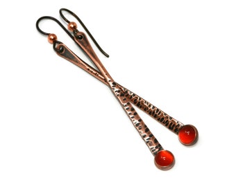 Carnelian Antique Copper Hammered Stick Earrings - Hypoallergenic Niobium
