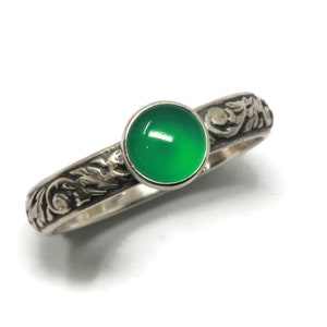 Green Onyx Ring Vine Pattern Vintage Silver - 6mm