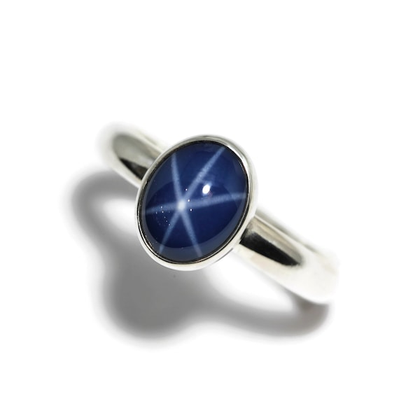 Blue Star Sapphire Argentium Silver Ring N-S - Oval Lab Created