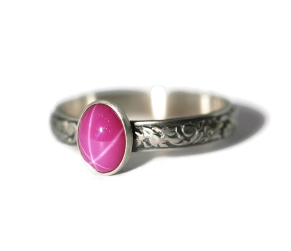 Oval Created Pink Star Ruby Ring on Symmetrical Flower Band Polished or Antique