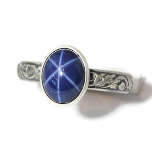 Blue Star Sapphire Ring Vine Pattern Vintage Silver N-S - Oval Lab Created