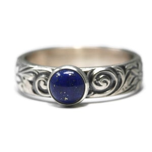 Lapis-lazuli Ring Flower Pattern Vintage Silver - 6mm