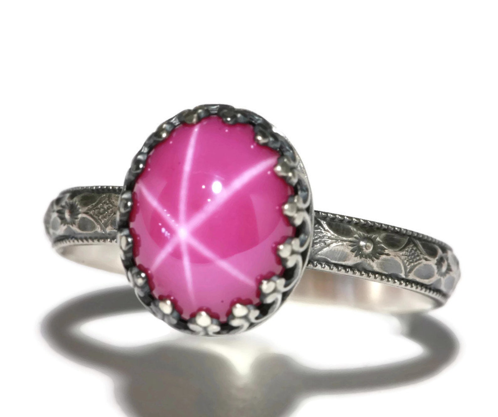 Large Oval Created Pink Star Ruby Ring Symmetrical Flower - Etsy