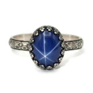 Blue Star Sapphire Ring Symmetrical Flower Crown Vintage Silver - 10x8mm Oval Lab Created