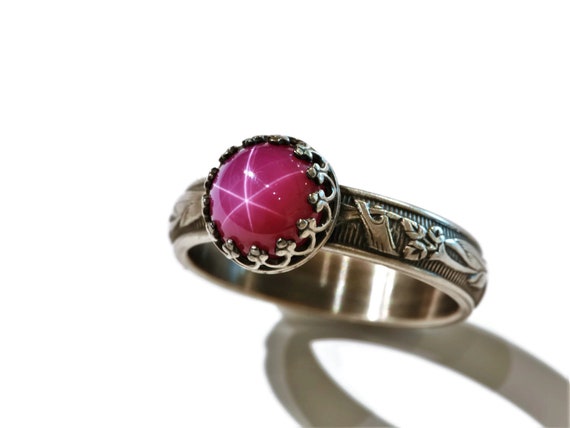 Oval Created Pink Star Ruby Ring on Symmetrical Flower Band Polished or Antique