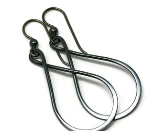 Sterling Silver or Copper Teardrop Hoop Earrings - Three Finishes - Hypoallergenic Niobium