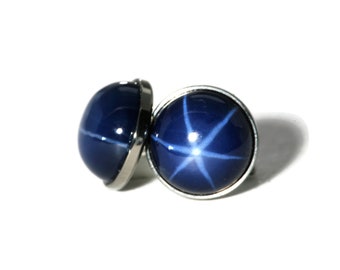 Blue Star Sapphire Titanium Hypoallergenic Stud Earrings - 8mm Lab Created
