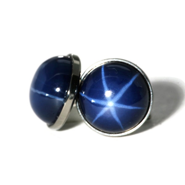 Blue Star Sapphire Titanium Hypoallergenic Stud Earrings - 8mm Lab Created