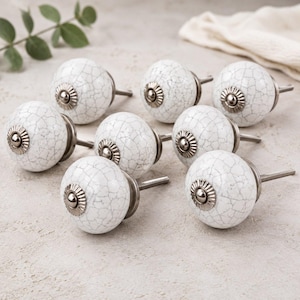 Round White Ceramic Cracker Knobs Set Of 8 Cabinet Pulls Handcrafted Drawer Door Handles Kitchen Furniture Hardware