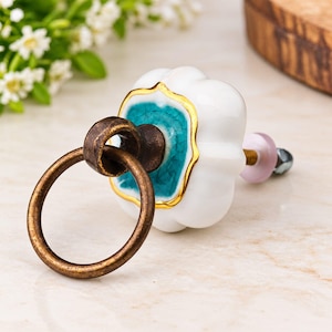 Ceramic Dresser Knob with Brass Ring Pull, Crackle Finish, Ivory Sea Glass (6pcs)