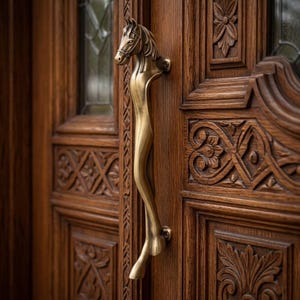 May include: A brass-toned metal door handle shaped like a horse head and neck, mounted vertically on a dark brown wooden door. The handle features a detailed equine head at the top and a smooth, elongated neck that curves down to the base attachment.