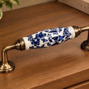 Vintage Floral Ceramic Cabinet Handles and Drawer Pulls, Antique Brass Kitchen Hardware
