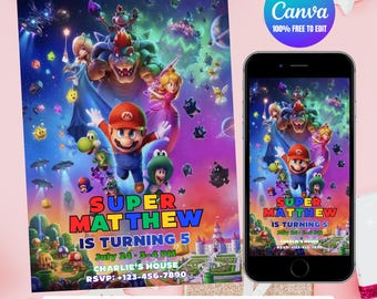 Zaproszenie urodzinowe Super Mario Galaxy: edytowalny szablon Canva (pobranie cyfrowe)