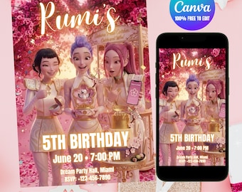Zaproszenie urodzinowe K-Pop Demon Hunters, zaproszenie na imprezę Sakura Festival, Huntrix Rumi Mira Zoey (edytowalny szablon)