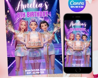 Zaproszenie urodzinowe K-pop Demon Hunters: holograficzny szablon Canva Stage (do pobrania cyfrowego)