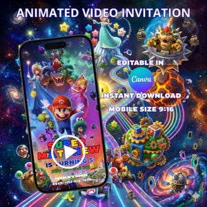 Pode incluir: Um convite de vídeo animado para um 5º aniversário com personagens do Super Mario na tela de um smartphone. O texto inclui ANIMATED VIDEO INVITATION, EDITABLE IN Canva, INSTANT DOWNLOAD, MOBILE SIZE 9:16 e SUPER MATTHEW IS TURNING 5.