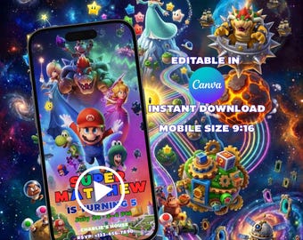 Zaproszenie na urodziny Super Mario Galaxy: animowany szablon imprezy kosmicznej (do pobrania cyfrowego)